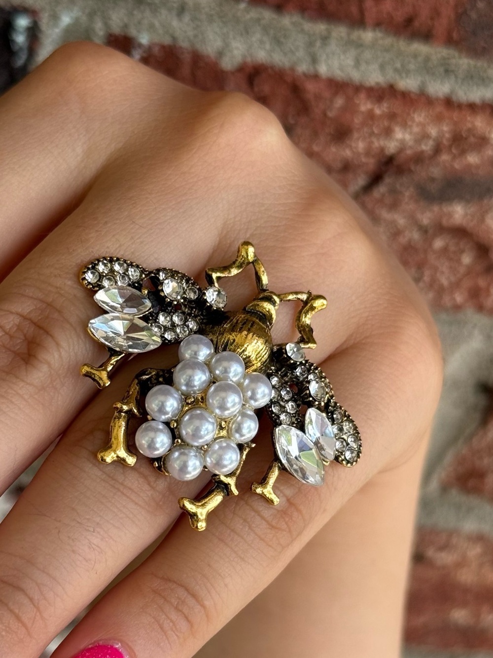 Gold Bee Ring with White Pearls and Clear Crystals
